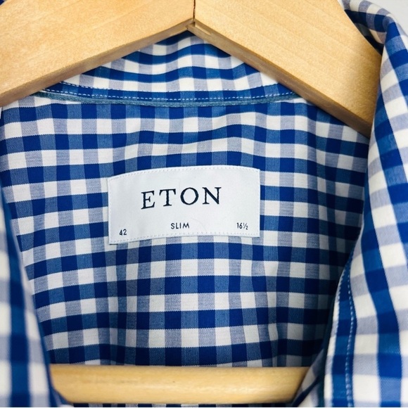 Eton Blue/White Plaid Contemporary Slim Poplin Dress Shirt 42 | 16.5 - Picture 5 of 9